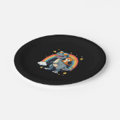 Cat Riding Dinosaur T-Rex Kitten Rainbow Dino Funn Pappteller (Schrägansicht)