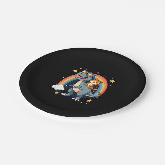 Cat Riding Dinosaur T-Rex Kitten Rainbow Dino Funn Pappteller (Schrägansicht)