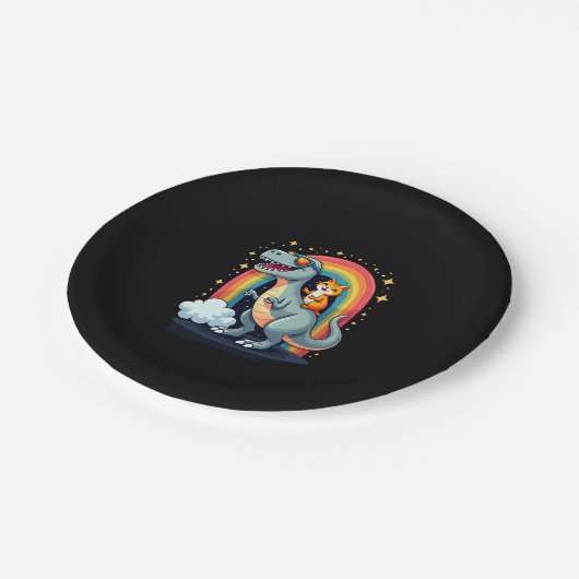 Cat Riding Dinosaur T-Rex Kitten Rainbow Dino Funn Pappteller (Schrägansicht)