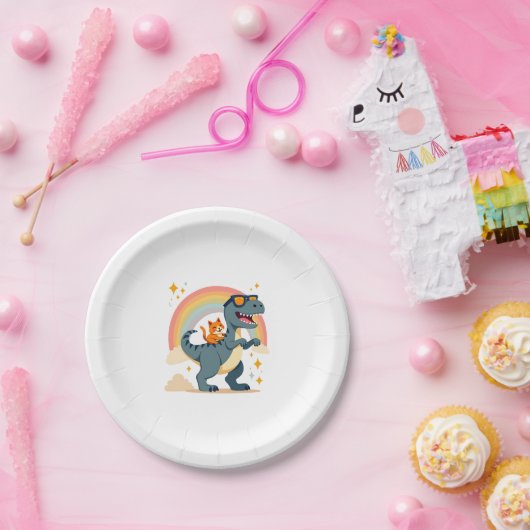 Cat Riding Dinosaur T-Rex Kitten Rainbow Dino Funn Pappteller (Party)