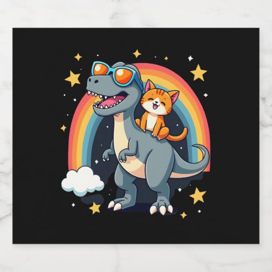 Cat Riding Dinosaur T-Rex Kitten Rainbow Dino Funn Schaumweinetikett (Einzelnes Label)