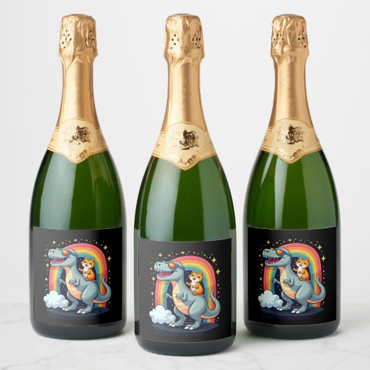 Cat Riding Dinosaur T-Rex Kitten Rainbow Dino Funn Schaumweinetikett (Flaschen)