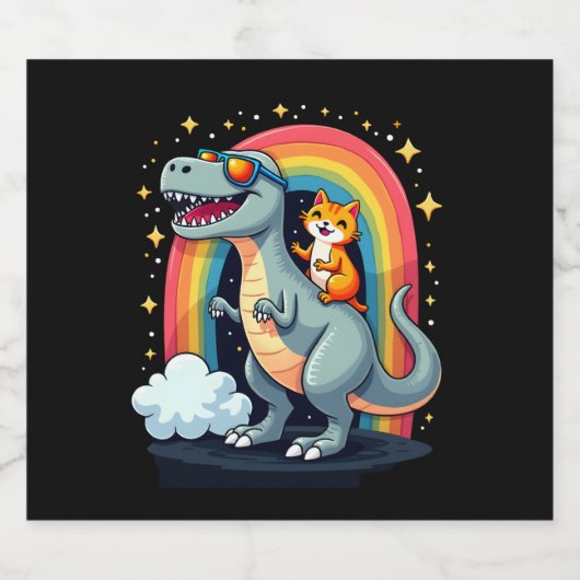 Cat Riding Dinosaur T-Rex Kitten Rainbow Dino Funn Schaumweinetikett (Einzelnes Label)