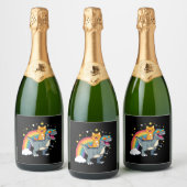 Cat Riding Dinosaur T-Rex Kitten Rainbow Dino Funn Schaumweinetikett (Flaschen)