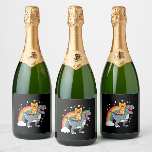 Cat Riding Dinosaur T-Rex Kitten Rainbow Dino Funn Schaumweinetikett (Flaschen)