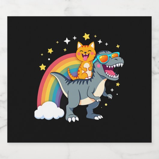 Cat Riding Dinosaur T-Rex Kitten Rainbow Dino Funn Schaumweinetikett (Einzelnes Label)