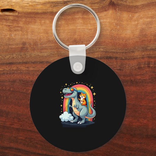 Cat Riding Dinosaur T-Rex Kitten Rainbow Dino Funn Schlüsselanhänger (Vorderseite)