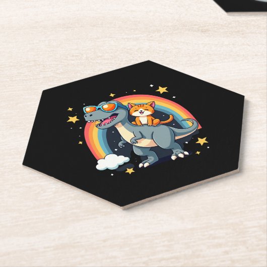 Cat Riding Dinosaur T-Rex Kitten Rainbow Dino Funn Untersetzer (angewinkelt)