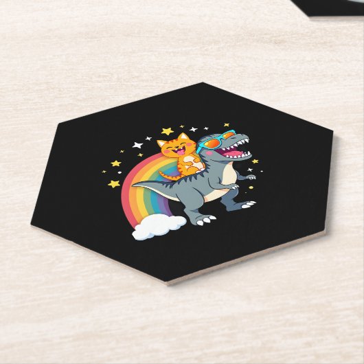 Cat Riding Dinosaur T-Rex Kitten Rainbow Dino Funn Untersetzer (angewinkelt)