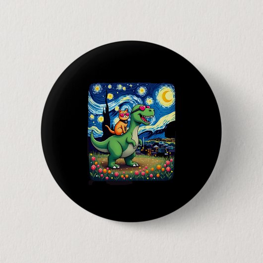 Cat Riding Dinosaur T-Rex Starry Night Cat Lover ( Button (Vorderseite)