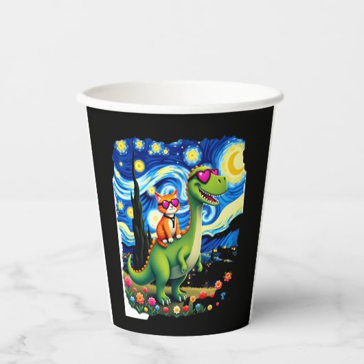 Cat Riding Dinosaur T-Rex Starry Night Cat Lover ( Pappbecher (Vorderseite)