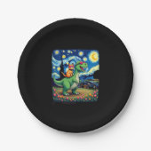 Cat Riding Dinosaur T-Rex Starry Night Cat Lover ( Pappteller (Vorderseite)