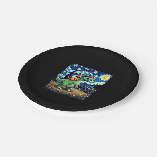 Cat Riding Dinosaur T-Rex Starry Night Cat Lover ( Pappteller (Schrägansicht)