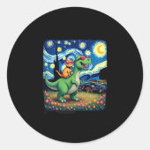 Cat Riding Dinosaur T-Rex Starry Night Cat Lover ( Runder Aufkleber (Vorderseite)