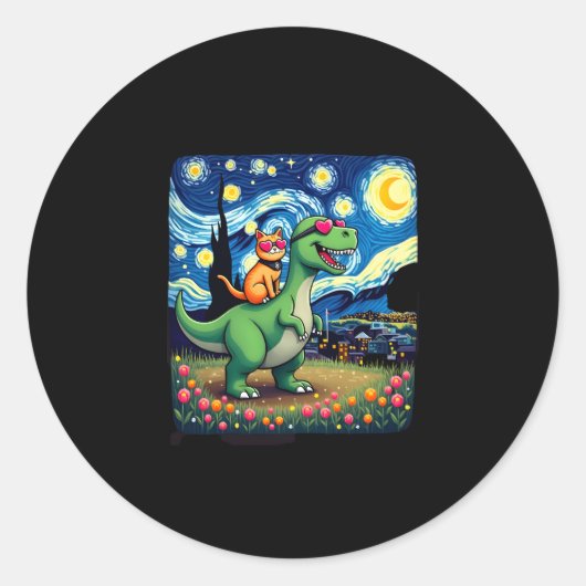 Cat Riding Dinosaur T-Rex Starry Night Cat Lover ( Runder Aufkleber (Vorderseite)