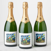 Cat Riding Dinosaur T-Rex Starry Night Cat Lover ( Schaumweinetikett (Flaschen)