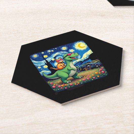 Cat Riding Dinosaur T-Rex Starry Night Cat Lover ( Untersetzer (angewinkelt)