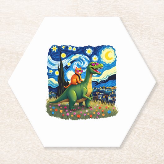 Cat Riding Dinosaur T-Rex Starry Night Cat Lover ( Untersetzer (Vorderseite)