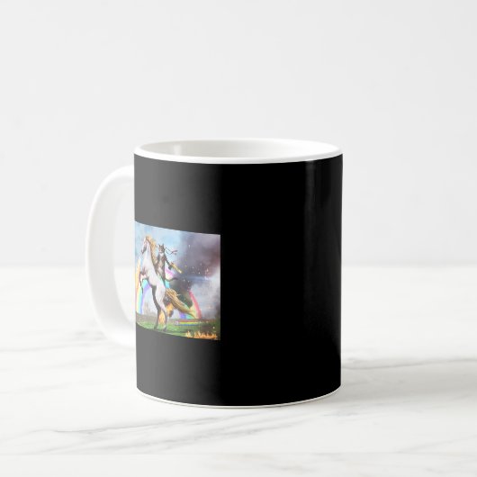 Cat Riding Fire Breathing Unicorn Meme Kaffeetasse (Vorderseite Links)