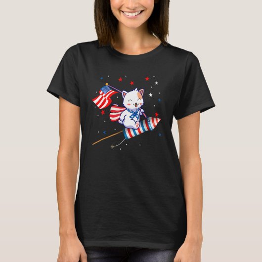 Cat Riding Fireworks  4th Of July Kids Boys Men T-Shirt (Vorderseite)