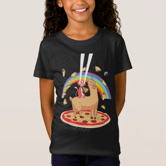Cat Riding Llama Unicorn Laser Eyes Pizza Outer Sp T-Shirt (Vorderseite)