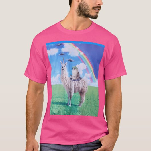 Cat Riding Llama Unicorn Rainbow Ufo T-Shirt (Vorderseite)