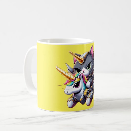 Cat Riding on Unicorn Robot Yellow Kaffeetasse (Vorderseite Links)