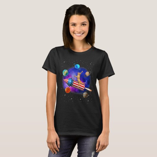 Cat Riding Rocket Firework Meowica In Galaxy 4th o T-Shirt (Vorne ganz)