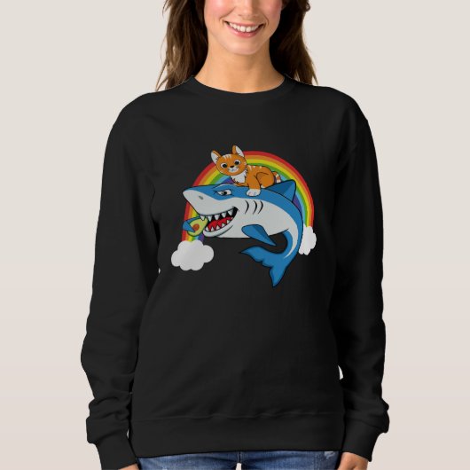 Cat Riding Shark Eating Avocado With Rainbow For C Sweatshirt (Vorderseite)