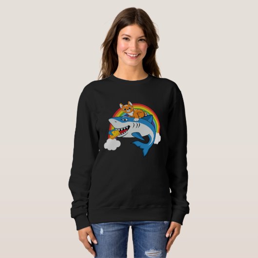 Cat Riding Shark Eating Cheese With Rainbow For Ca Sweatshirt (Vorne ganz)