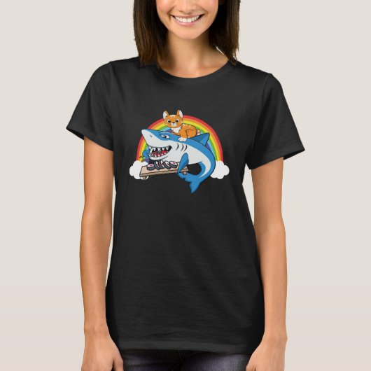 Cat Riding Shark Eating Sushi With Rainbow For Cat T-Shirt (Vorderseite)