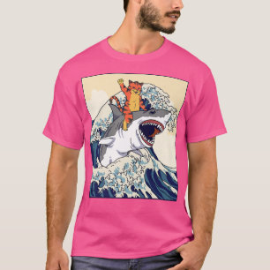 Cat Riding Shark Japanischer Wave T-Shirt