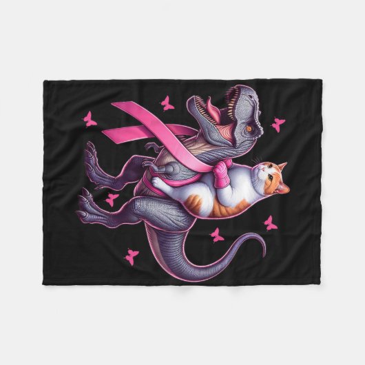 Cat Riding T Rex Dinosaurier. Brustkrebs-Bewusstse Fleecedecke (Vorderseite (Horizontal))