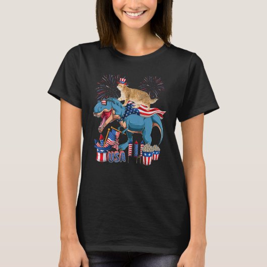 Cat Riding Trex Cool 4th Of July US Flag Firework T-Shirt (Vorderseite)