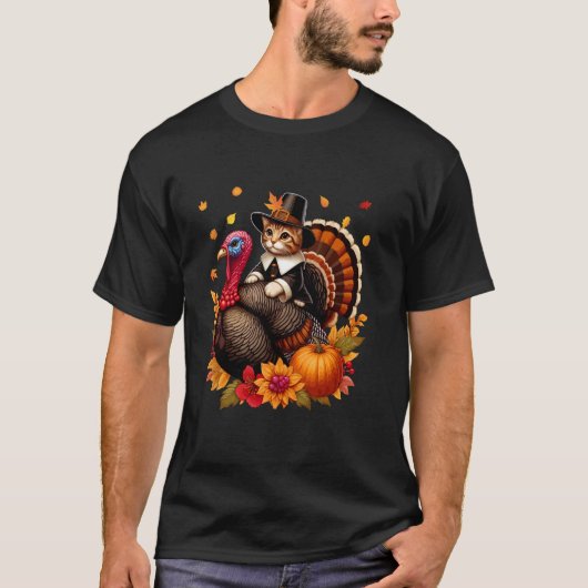 Cat Riding Türkei Erntedank Herbstlaubs Funny O T-Shirt (Vorderseite)
