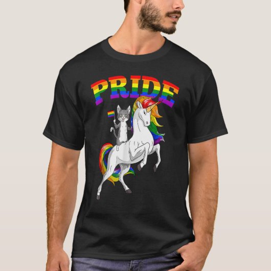 Cat Riding Unicorn Gay Pride Rainbow Lgbtq T-Shirt (Vorderseite)