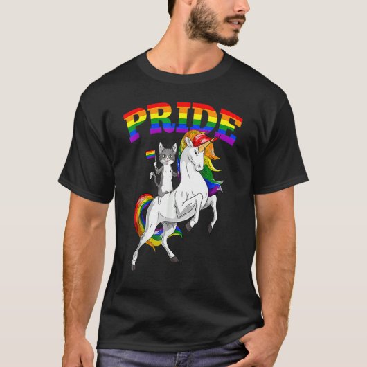Cat Riding Unicorn Gay Pride Rainbow Lgbtq T-Shirt (Vorderseite)