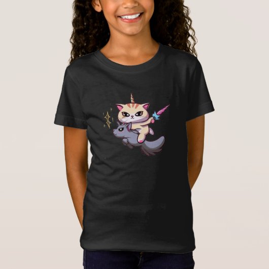 Cat Riding Unicorn mit Haltezauberstab T-Shirt (Vorderseite)