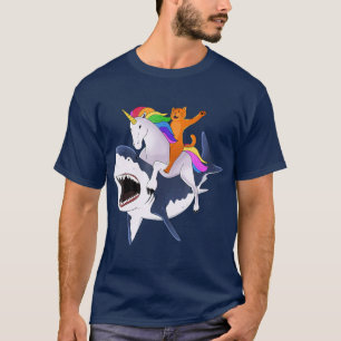 Cat Riding Unicorn Riding Shark Geschenk T-Shirt