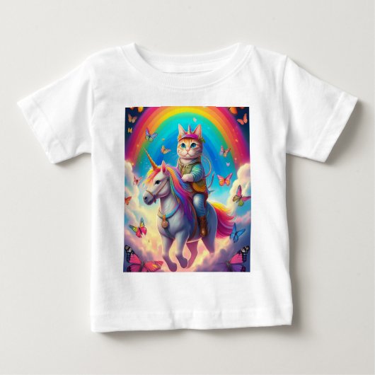 Cat Riding Unicorn with Rainbows and Butterflies Baby T-shirt (Vorderseite)