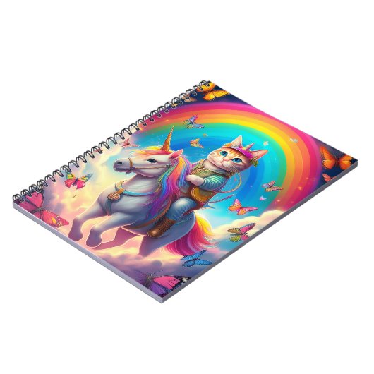Cat Riding Unicorn with Rainbows and Butterflies Notizblock (Linke Seite)