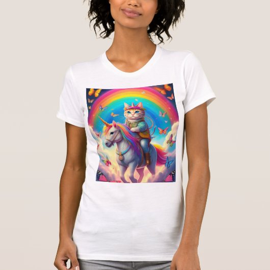 Cat Riding Unicorn with Rainbows and Butterflies T-Shirt (Vorderseite)