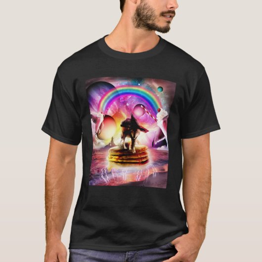 Cat Riding Wolf With Pancakes And Milkshake T-Shirt (Vorderseite)