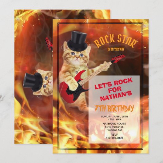 Cat Rockstar Coole Einladung (Vorne/Hinten)