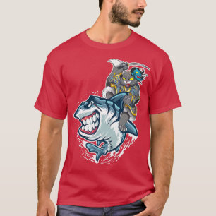 Cat Samurai Riding on Shark Workmanship Japanisch  T-Shirt