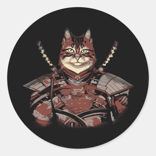 Cat Samurai Warrior Japanisch Runder Aufkleber (Vorderseite)