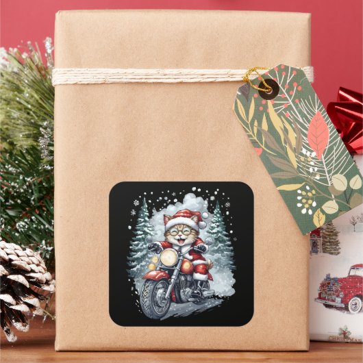 Cat Santa Motorcycle Black Background Quadratischer Aufkleber (Feiertag)