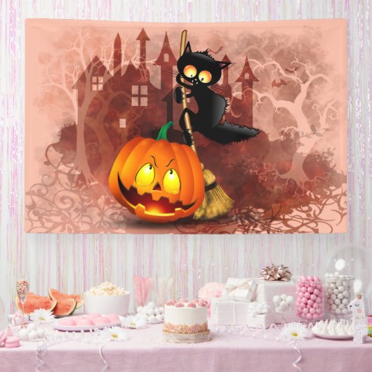 Cat Scared by Pumpkin Fun Halloween Charakter Banner (Party)
