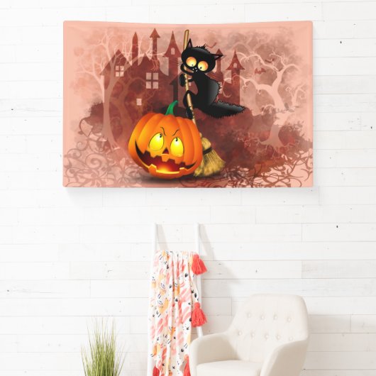 Cat Scared by Pumpkin Fun Halloween Charakter Banner (InSitu)