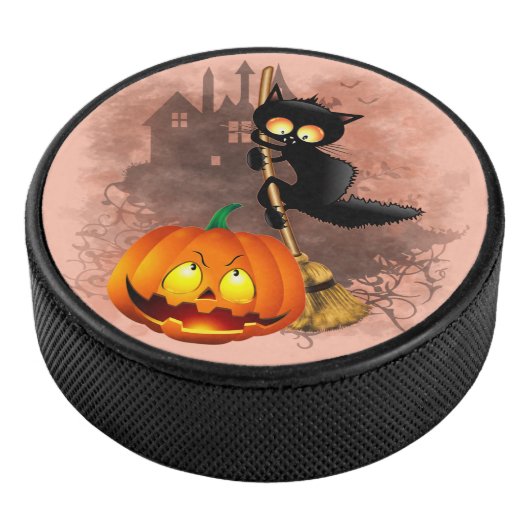 Cat Scared by Pumpkin Fun Halloween Charakter Eishockey Puck (3/4)